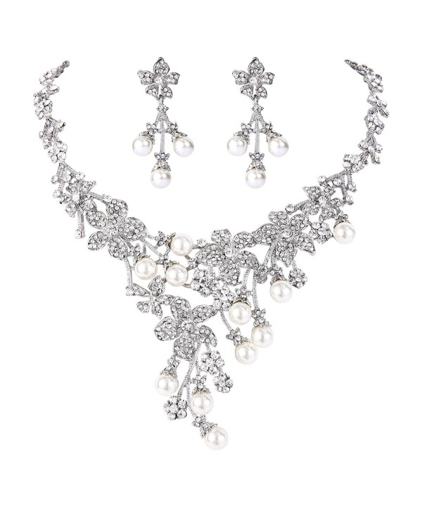 EVER FAITH Wedding Flower Cluster Simulated Pearl Necklace Earrings Set Clear Austrian Crystal - CH11K4KON8D