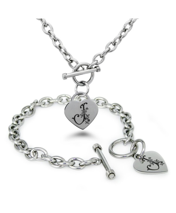 Stainless Steel Letter J Initial Floral Monogram Heart Charm Bracelet & Necklace - CM12N2JQAVF