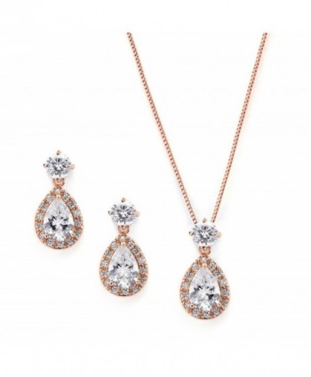 Mariell Rose Gold CZ Pear Shaped Necklace and Earrings Set - Great Wedding Jewelry for Brides & Bridesmaids - CU12JGUEQLZ