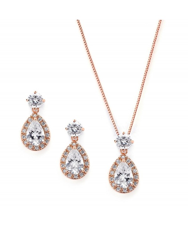 Mariell Rose Gold CZ Pear Shaped Necklace and Earrings Set - Great Wedding Jewelry for Brides & Bridesmaids - CU12JGUEQLZ