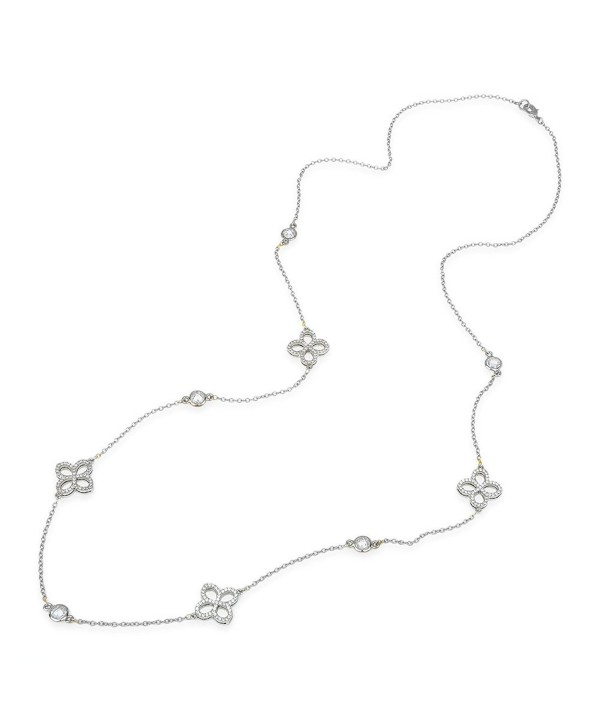 Pave CZ Flower Charm with CZ chess cut Two Tone Long Strand Necklace 36" - Silver Tone Only - C112MZR2MKF