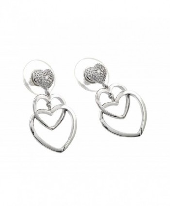 Sterling Silver Rhodium Plated Double Heart Dangling Earrings With Cz Stud Heart Accent - CW11GX1UPXT