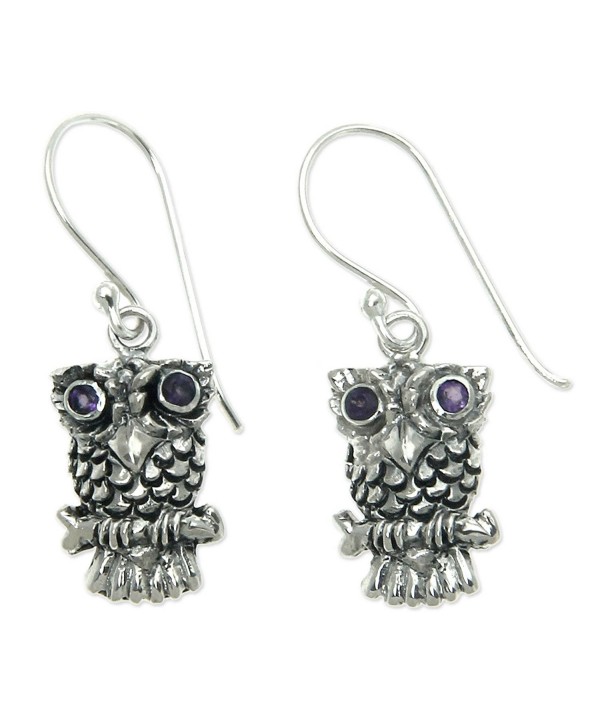 NOVICA Sterling Silver Owl Dangle Earrings with Amethyst Eyes- 'Baby Owl' - C611G3XHFH1