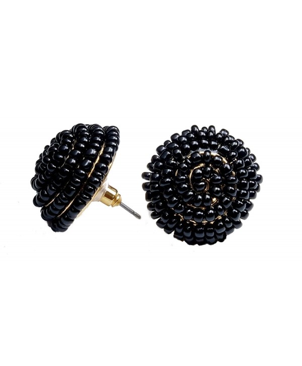 Bee Wee Jewelry Paris Seed Bead Dome Earrings - Beaded Ball Oversized Large Round Statement Beehive Studs - Black - CV1860832CM
