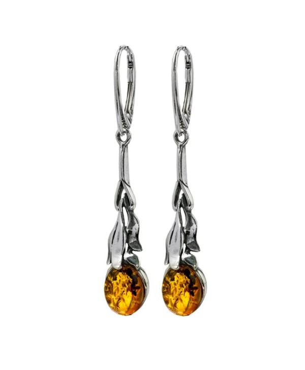Honey Amber Sterling Silver Oval Floral Leverback Earrings - C2115VJ3EY1