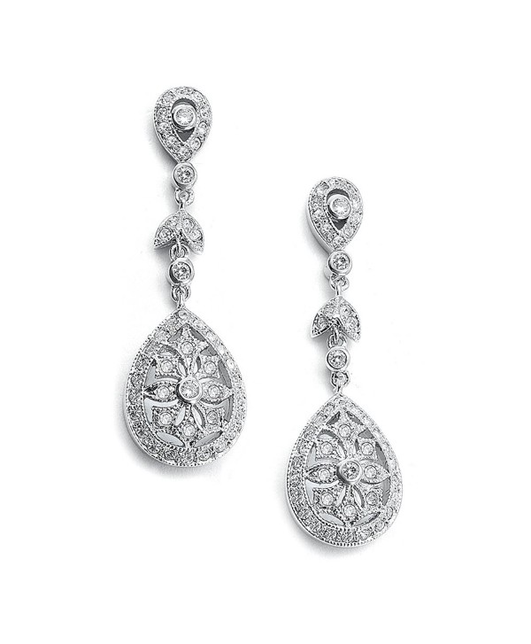 Mariell Vintage Etched Cubic Zirconia Bridal Earrings - Genuine Antique Platinum Plated Wedding Dangles - CZ121T31DGD