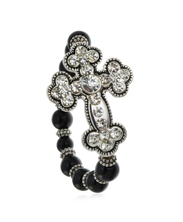 PammyJ Silvertone Clear Crystal Large Cross on Black Beaded Stretch Bracelet - CU12O7S928L