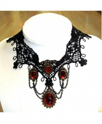 Rizilia Jewelry Gothic Retro Choker Collar Victorian Lace Lolita Tassel Steampunk Red Pendant Necklace - CW11G3D7G0H