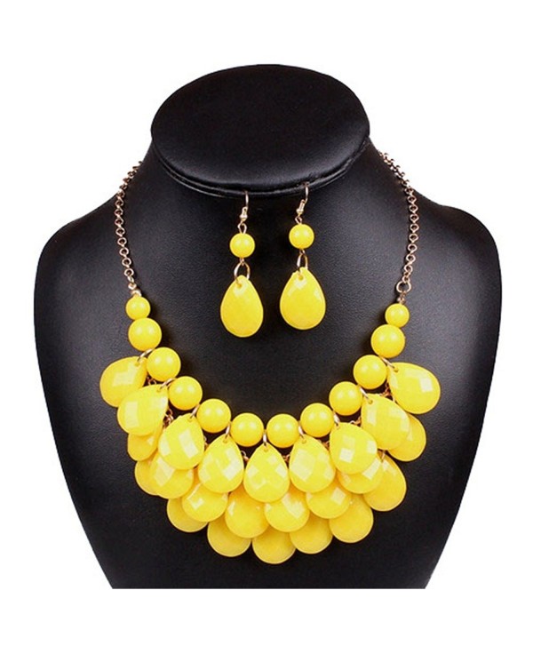 Lucite Teardrop Bead Beaded Fringe Bib Statement Choker Necklace Earrings - yellow - CX11LX117TZ