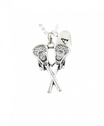Custom Crystal Lacrosse Sticks Silver Chain Necklace Choose Initial Charm All 26 - CA12N1KNYBJ