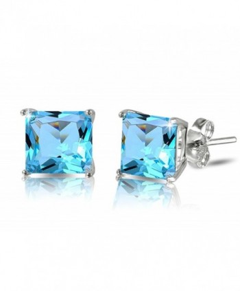 De Lelu Sterling Silver Princess Cut Simulated Blue Topaz Cubic Zirconia Stud Earrings - C712G8QFCVD