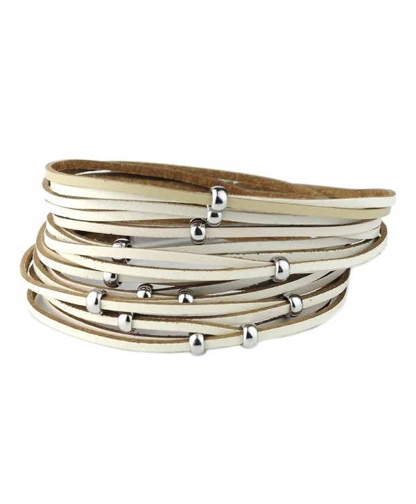 Women's Genuine Leather Multicolor Wrap Magentic Bracelet - Beige/Silver-Tone - C5186RKCYWT