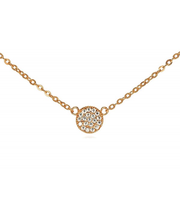 Tiny CZ Pave Circle Disk Necklace .925 Sterling Silver Rose Gold Tone 16" - 18" - CY11QB168NR