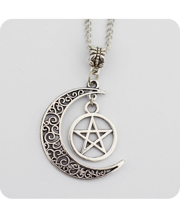 Silver Pentagram Crescent Moon Pendant - " Silver " - CJ11XFX7PA3