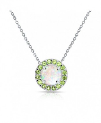 Sterling Silver Simulated White Opal and Simulated Gemstone Round Halo Necklace - Simulated Peridot - CH185OC9U2A