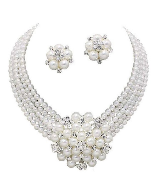 Elegant Statement White Pearl Cluster Crystal Bridal Silver Chain Necklace Set CLIP ON Earring - CQ12IPMJFK7