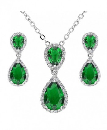 EVER FAITH Prong CZ Wedding 2 Tear Drop Necklace Earrings Set - Silver-Tone Emerald Color - CE11SG6371B