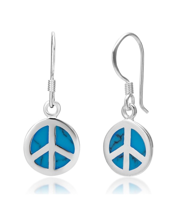 925 Sterling Silver Blue Turquoise Stone Peace Sign Round Dangle Hook Earrings - CX110DNNXRX