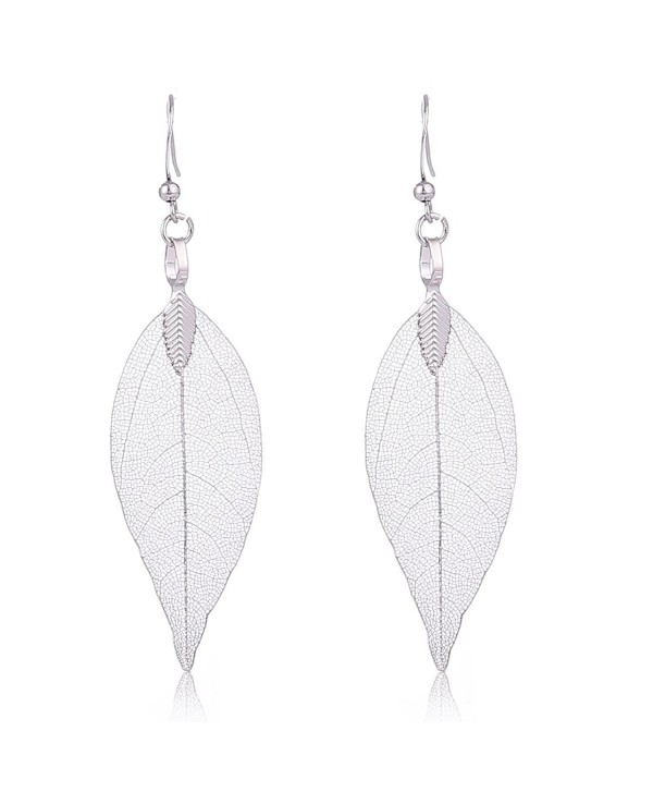 Filigree Leaf Earrings Ethnic Bohemian Earrings Women's Metallized Real Leaf Dangel Earrings - Silver Leaf - CW186OHY2C3