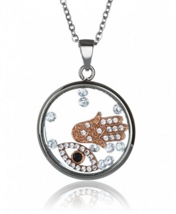 Womens Pendant Necklace CZ Shaker Floating Hamsa and Evil Eye Stainless Steel Ladies - CE12LZKUX1V