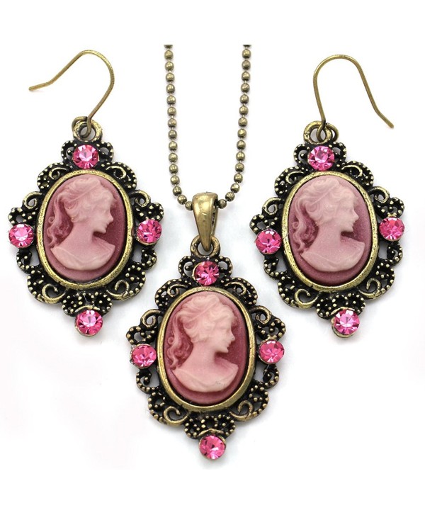 Pink Cameo Fashion Jewelry Set Necklace Pendant Dangle Drop Earrings - CR119AEAHVJ