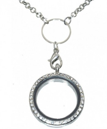 30mm Round Silvertone Floating Charm Locket Necklace Chrystal Rim 29 Inch Slip On Lanyard Style Chain 820 - CH11A9X51IF