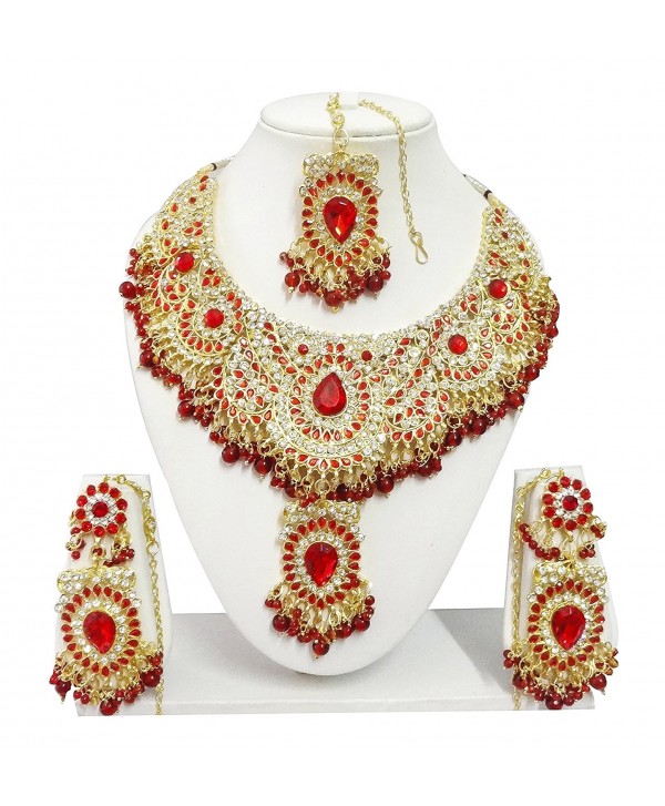 Indian Bollywood Jewelry Necklace Earrings - Red - CK187U2ELI5