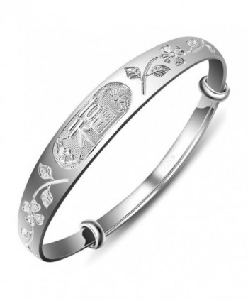 Merdia Women's 999 Sterling Silver Fu Flower Carved Bangle Bracelet 23g Weight for Wedding Gift - CZ128TDJYC1