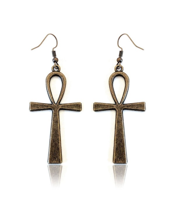 Antiqued Golden Egyptian Ankh Drop Earrings - CN12K7RUTDF