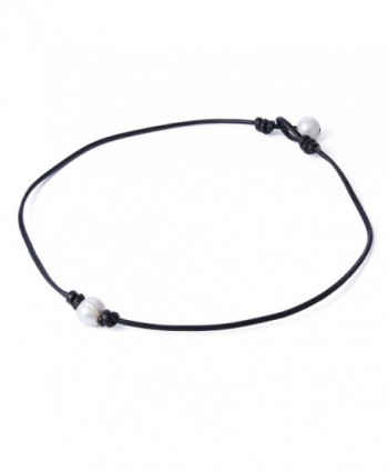 Bonnie Handmade Single White Freshwater Pearl Choker Necklace Bead on Leather 14-19.7" - CR12N6EZR9O