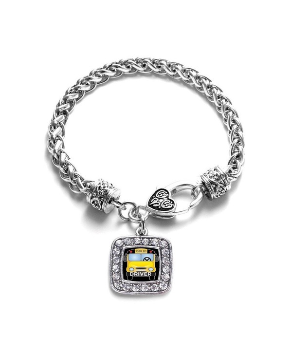 School Bus Driver Classic Silver Plated Square Crystal Charm Bracelet - C711KY4UL2V