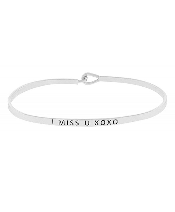 Inspirational "I MISS YOU XOXO" Engraved Thin Sentimental Message Brass Bangle Hook Bracelet (Silver Tone) - CH12NUUNMML