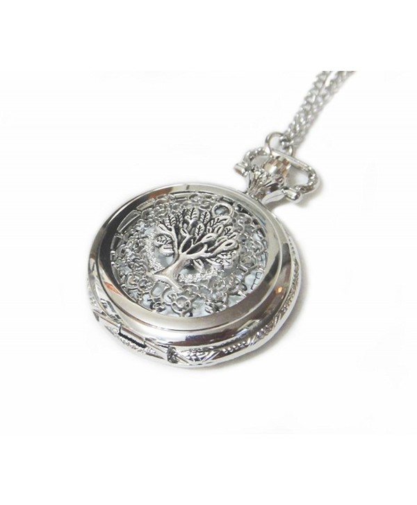 Tree of Life Ornate Silver Pocket Watch Necklace Chain Pendant - Giving Tree Pocketwatch Charm - CO126W0LL1F