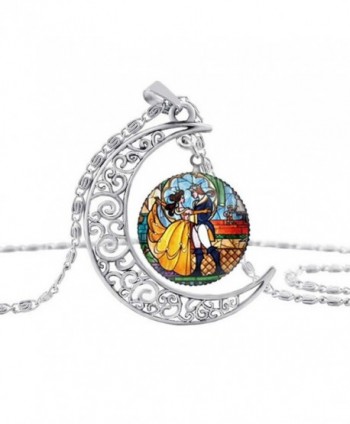 Womens Fairy Tale Princess Belle Enchanted Rose Moon Necklace Chain Jewelry - Prince & Princess - CU17Z73TKAS