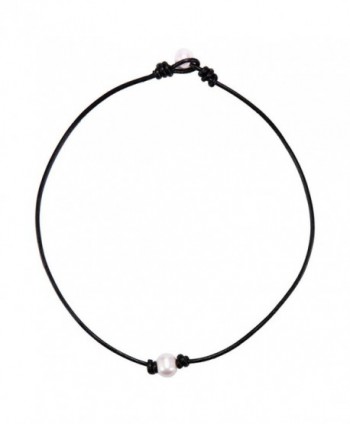 BODYA white Single Faux Pearl Necklace Choker pearl ends black Leather Cord Women Jewelry 17" Handmade - C312O9ANNI0