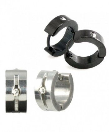 Stainless Steel Black and Silver-Tone Rhinestone Huggie Hoop Earrings Set - CV115D2ZWTB