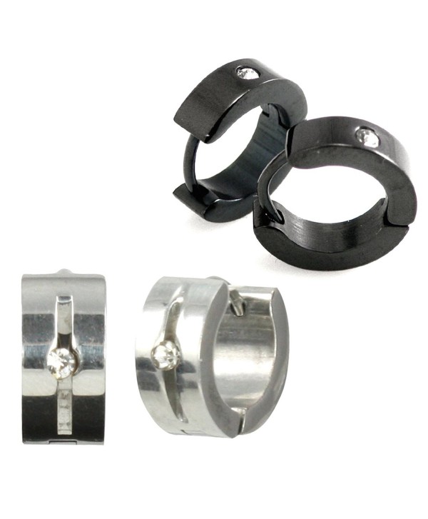 Stainless Steel Black and Silver-Tone Rhinestone Huggie Hoop Earrings Set - CV115D2ZWTB