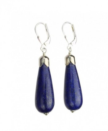 Blue Lapis Stone Long Teardrop Beads Sterling Silver Leverback Earrings - C911GJVAITX