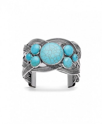 Filigree Cuff Bracelet With Stones Metal Boho Wrist Wrap Open 1.8" Wide Bangle - Turquoise - C2183R75G7Z