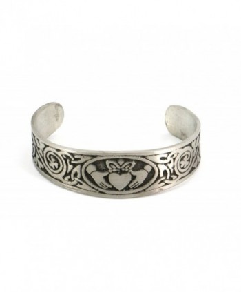 Handmade Claddagh Celtic Matte Finish Pewter Cuff Bracelet with Traditional Irish Shamrock (Adjustable) - CW11FEJR6A5