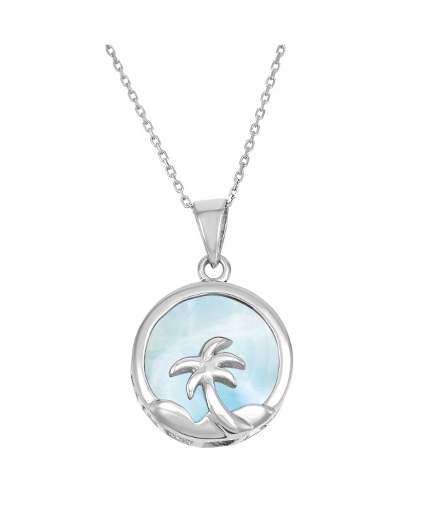 Sterling Silver Natural Larimar Palm Tree Circle Pendant with 18" Chain - CR11ABUF36B