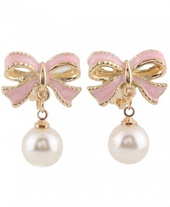 Grace Jun Pink Bowknot Shape Clip on Earrings Without Piercing for Women Pearl Drop Earrings - CM182ZWSQOQ