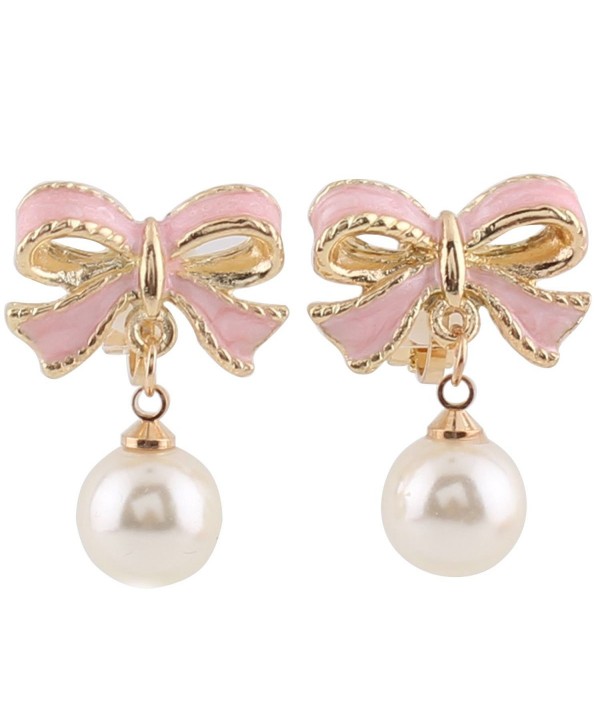Grace Jun Pink Bowknot Shape Clip on Earrings Without Piercing for Women Pearl Drop Earrings - CM182ZWSQOQ
