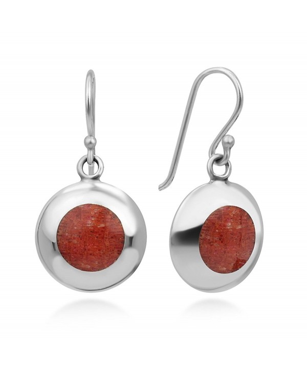 925 Sterling Silver Natural Red Sea Bamboo Coral Circle Inlay Round Dangle Hook Earrings 1" - CR12DL2BZVD