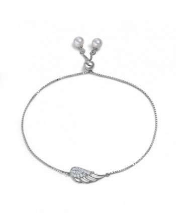 Womens Angel Wings Pearl Bracelets Link Chain Sterling Silver 7" - CC12N0FW2DY
