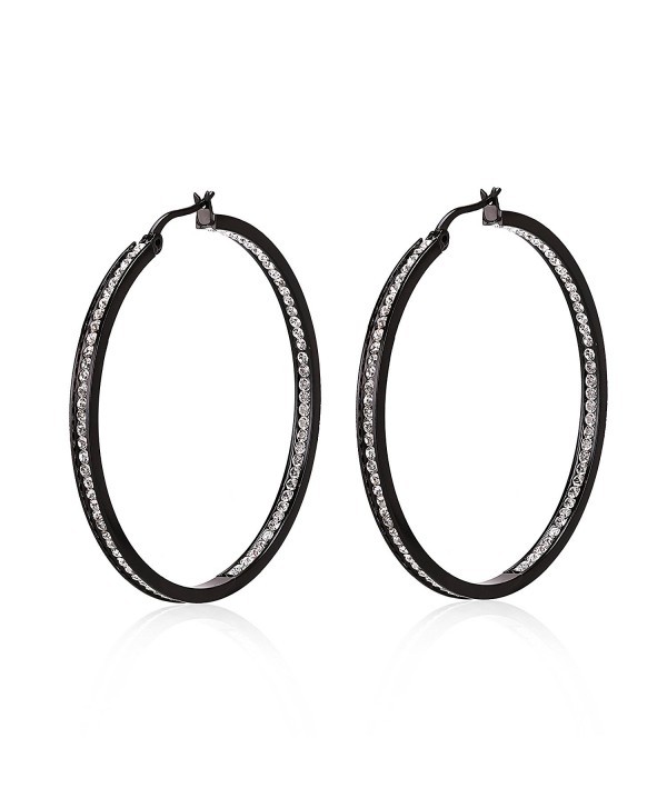 Stacey Black Stainless Steel Hoop Earring Set with Rhinestone Half Outside and Half Inside - CW12G6FJHAR