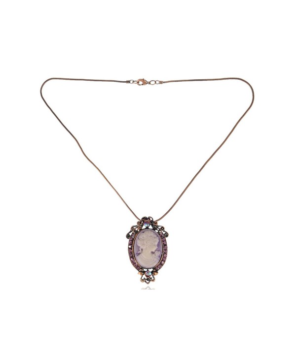 Alilang Copper Tone Purple Rhinestones Vintage Inspired Cameo Lady Pendant Chain Necklace - C2117BMQ4HF