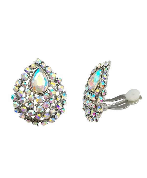 SELOVO Clear AB Austrian Crystal Teardrop Clip on Stud Earrings Iridescent Color Stone Silver Tone - CQ183GX8OAL