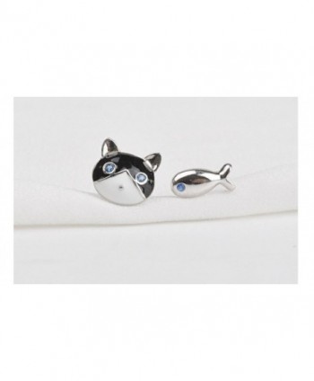 Sterling Silver Cute Cat and Fish Stud Earrings - CY11NRM1BZN