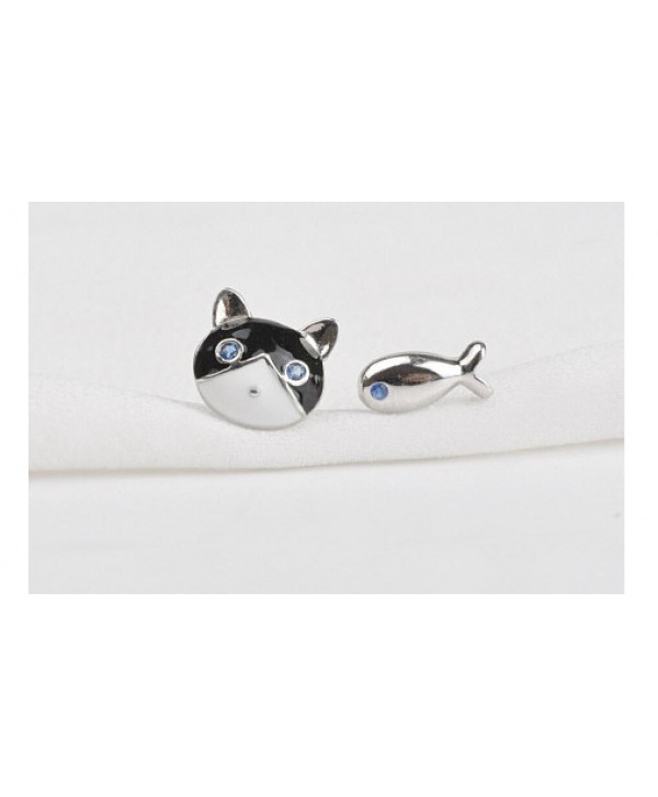 Sterling Silver Cute Cat and Fish Stud Earrings - CY11NRM1BZN